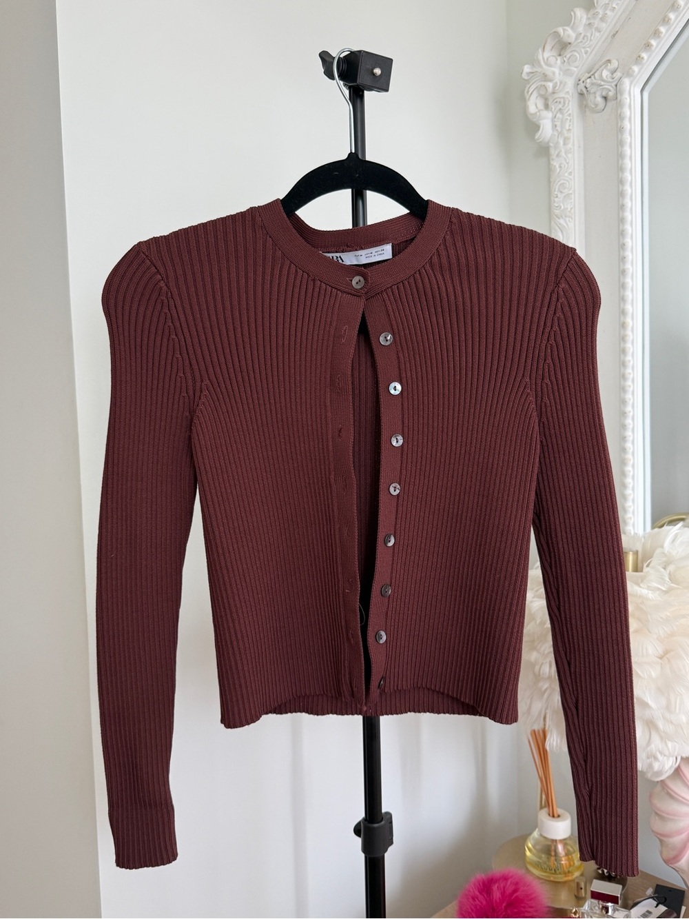 Zara Ribbed Button-Front Cardigan - Chocolate Brown